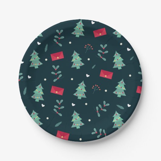 Kerstbomen en Holly Modern Pattern Dark Blue Papieren Bordje (Voorkant)