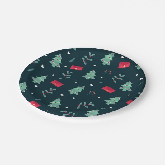 Kerstbomen en Holly Modern Pattern Dark Blue Papieren Bordje (Gekanteld)