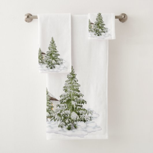 Kerstbomen en sneeuw op wit bad handdoek (Insitu)