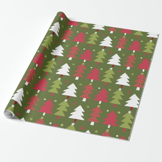 Kerstbomen en sneeuwvlokken met groene rug cadeaupapier (Uitgerold)