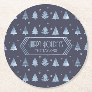 Kerstbomen en Snowflake Pattern Blue ID863 Ronde Kartonnen Onderzetter