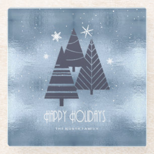 Kerstbomen en Snowflakes Blue ID863 Glazen Onderzetter