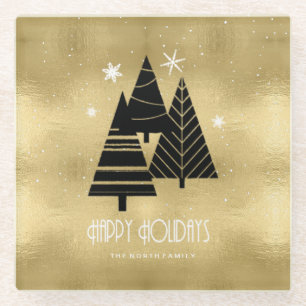 kerstbomen en Snowflakes Gold ID863 Glazen Onderzetter