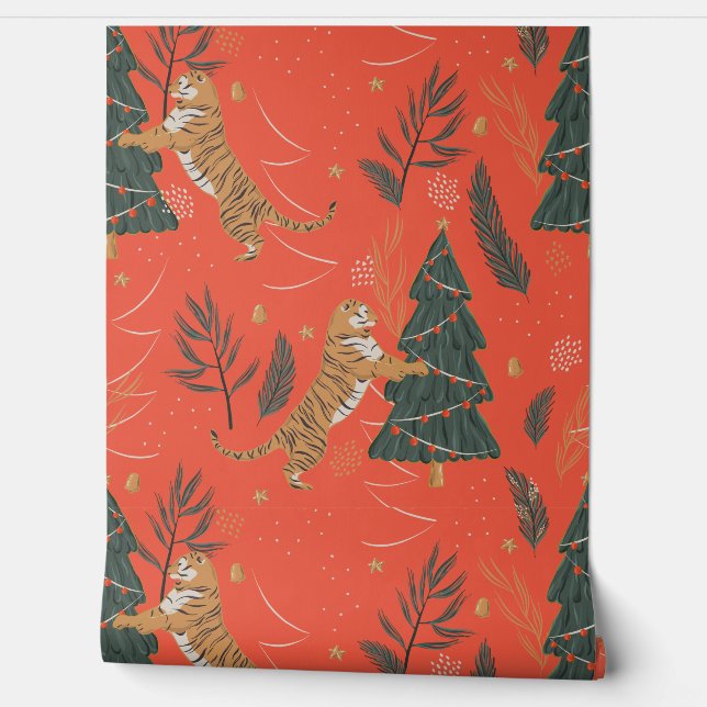 kerstbomen en tijgers, patroon, aangepaste achterg behang (Afrollen)