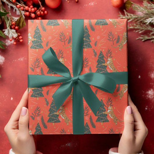 kerstbomen en tijgers, patroon, aangepaste achterg cadeaupapier