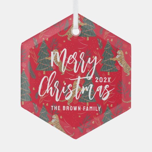 kerstbomen en tijgers, patroon, aangepaste achterg glas ornament (Voorkant)