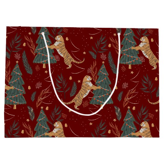 kerstbomen en tijgers, patroon, aangepaste achterg groot cadeauzakje (Achterkant)