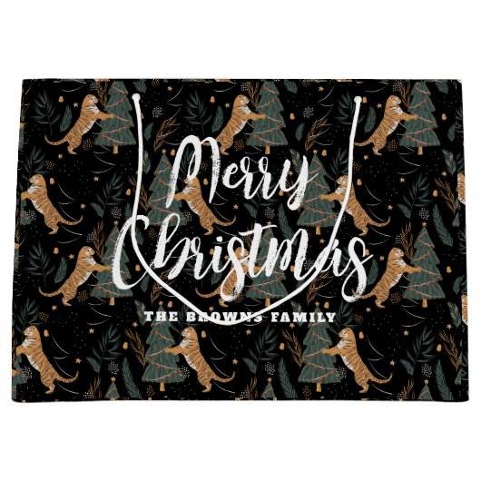 kerstbomen en tijgers, patroon, aangepaste achterg groot cadeauzakje (Voorkant)