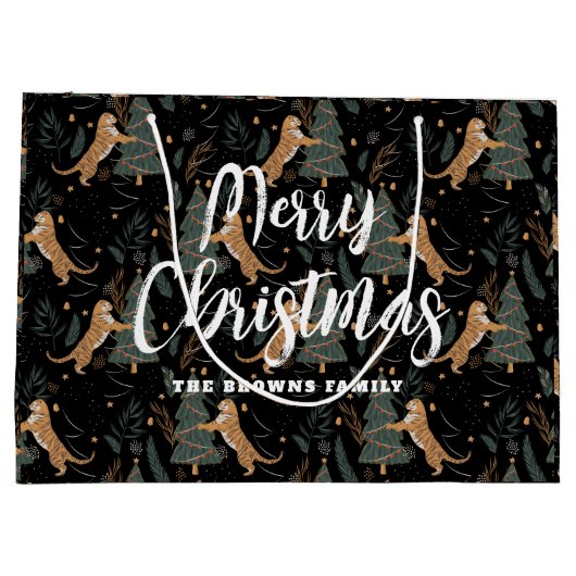 kerstbomen en tijgers, patroon, aangepaste achterg groot cadeauzakje (Achterkant)