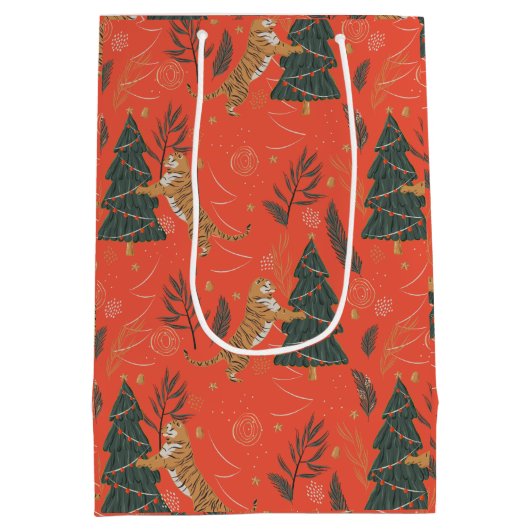 kerstbomen en tijgers, patroon, aangepaste achterg medium cadeauzakje (Achterkant)