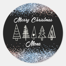 Kerstbomen glitter aangepaste naam ronde sticker
