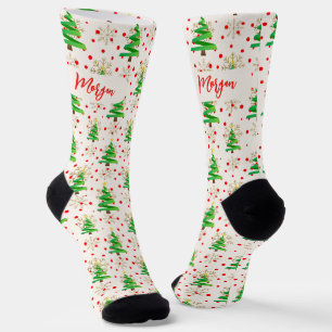 Kerstbomen & gouden sneeuwvlokken, Red Script Naam Sokken