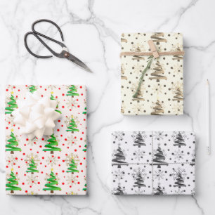 Kerstbomen & gouden sneeuwvlokken, Sepia, Grijs Inpakpapier Vel