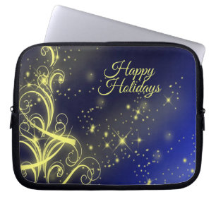 Kerstbomen, gouden sterren, marineblauw Vakantie Laptop Sleeve