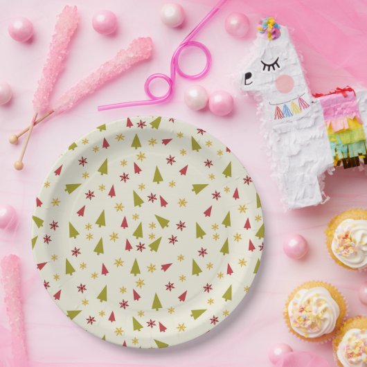 Kerstbomen in rood en groen met sneeuwvlokken papieren bordje (Feest)