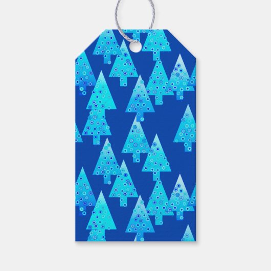Kerstbomen met een moderne bloem - kobalt blauw cadeaulabel (Voorkant)