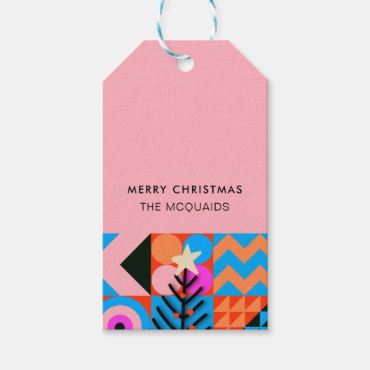 Kerstbomen Moderne Geometrische Pinks Blues Cadeaulabel (Voorkant)