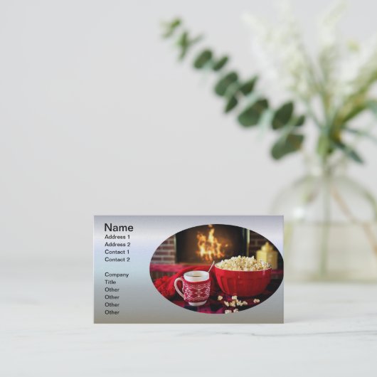 kerstbomen - Popcorn en warme cider Visitekaartje (Staand voorkant)