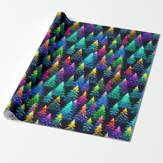 Kerstbomen Regenboog Neon Cadeaupapier (Uitgerold)