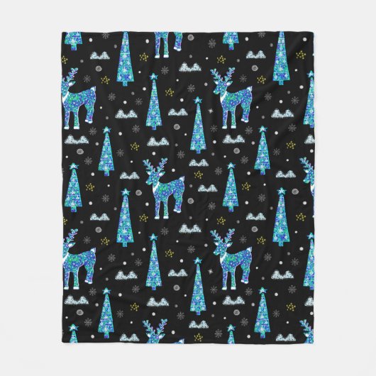 kerstbomen, rendiersneeuwvlokken. Winter illus Fleece Deken (Voorkant)