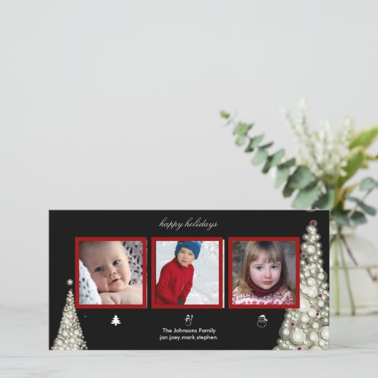 Kerstbomen, sneeuwman en kerstkaarten feestdagenkaart (Staand voorkant)