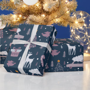 Kerstbomen Sterren Rendieren Donkerblauw Kerstmis Cadeaupapier