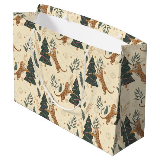Kerstbomen & Tijgers Custom Beige Achtergrond Groot Cadeauzakje (Achterkant Gekanteld)