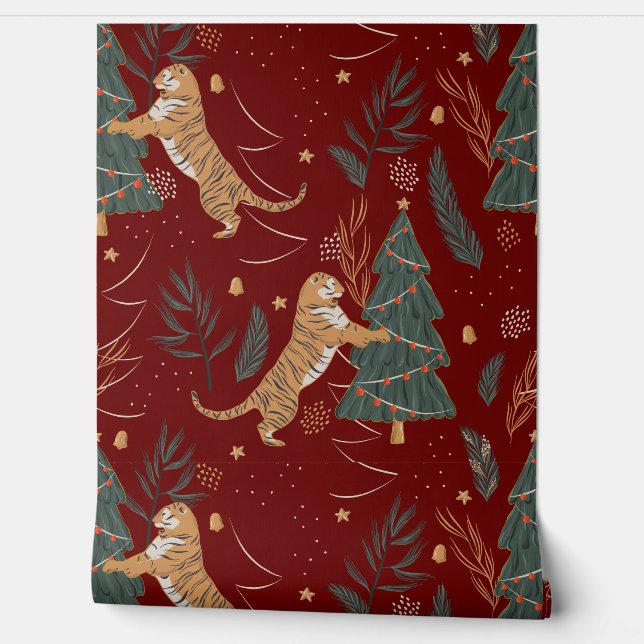 Kerstbomen & Tijgers patroon op donkerrood Behang (Afrollen)