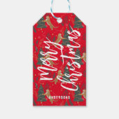 Kerstbomen & tijgers patroon rode achtergrond cadeaulabel (Voorkant)