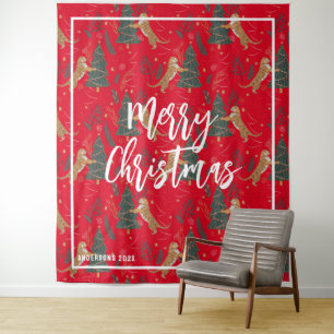 Kerstbomen & tijgers patroon rode achtergrond wandkleed