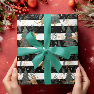 Kerstbomen & tijgers Zwart Witte Strepen Cadeaupapier