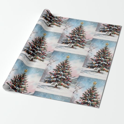 Kerstbomen winterse besneeuwde landschap cadeaupapier (Uitgerold)