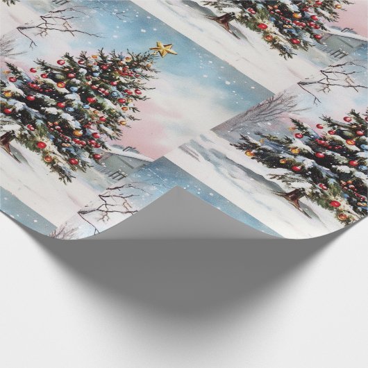 Kerstbomen winterse besneeuwde landschap cadeaupapier (Hoek)