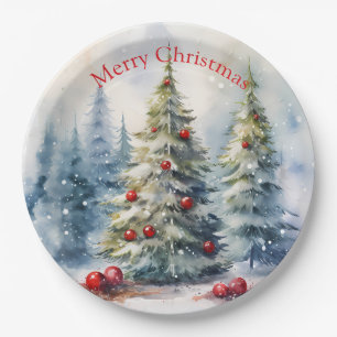 Kerstbomen winterse besneeuwde landschap papieren bordje