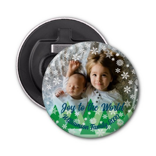 Kerstbomen Witte Sneeuwvlokken Vreugde aan de Were Button Flesopener (Voorkant)