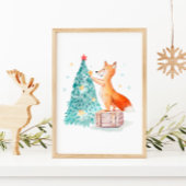 Kerstboom Aquarel en Cute Vos Poster