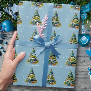 Kerstboom Aquarel Merry Jolly Gelukkig Blauw Cadeaupapier
