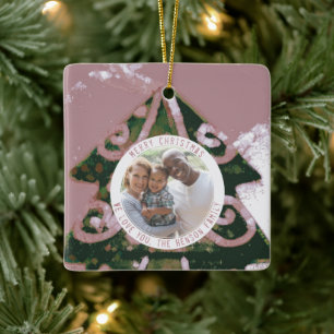 Kerstboom Artistiek Groen Roze Familie Foto Keramisch Ornament