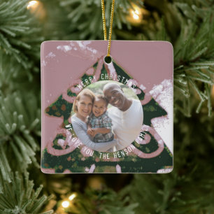 Kerstboom Artistiek Groen Roze Familie Foto Keramisch Ornament