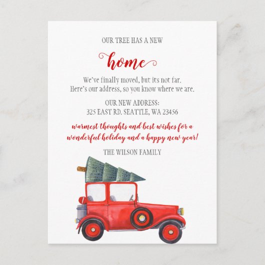 Kerstboom auto We hebben verhuisd vakantie verhuiz Briefkaart (Voorkant)