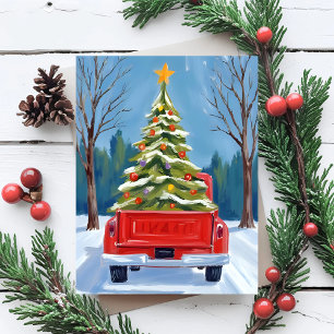 Kerstboom Bezorging Rode Truck Waterverf Feestdagenkaart