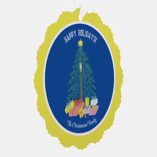 Kerstboom Blauw & Geel Papier Ornament Kaart (Rechts)