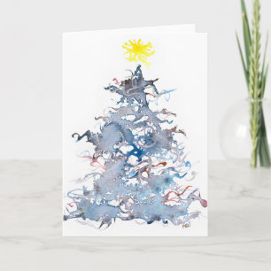 Kerstboom, Blauw, Wenskaart Feestdagen Kaart