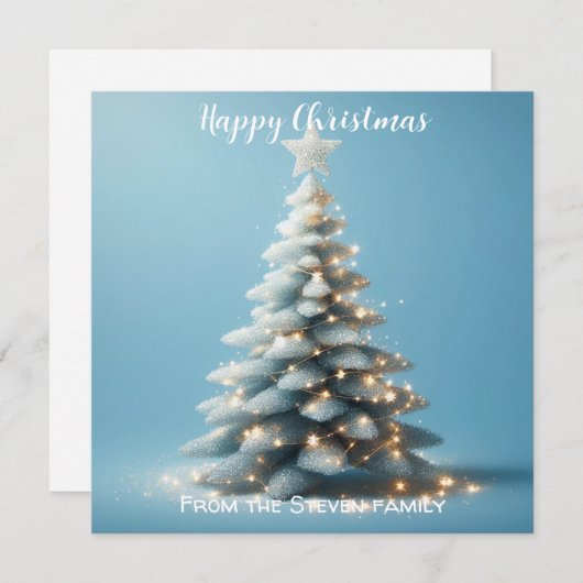 Kerstboom blauwe glitters | JOUW NAAM Feestdagenkaart (Voorkant / Achterkant)