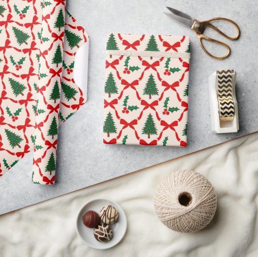 Kerstboom & Bow Pattern Wrapping Papierrol Cadeaupapier (Crafts)