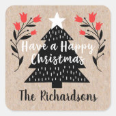 Kerstboom cadeaubijsluiter in rustieke kraftstijl vierkante sticker (Voorkant)
