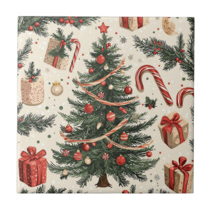 Kerstboom Crème Rood Groen Toile Tegeltje