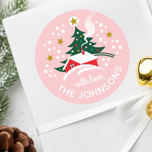 Kerstboom Custom Name Snow Pink Ronde Sticker
