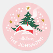 Kerstboom Custom Name Snow Pink Ronde Sticker (Voorkant)