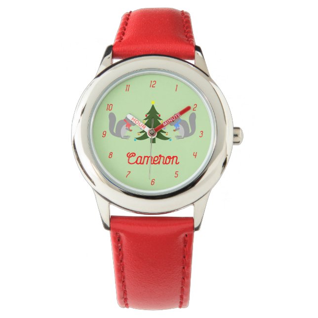 Kerstboom Decorating Eekhoorns Custom Horloge (Voorkant)